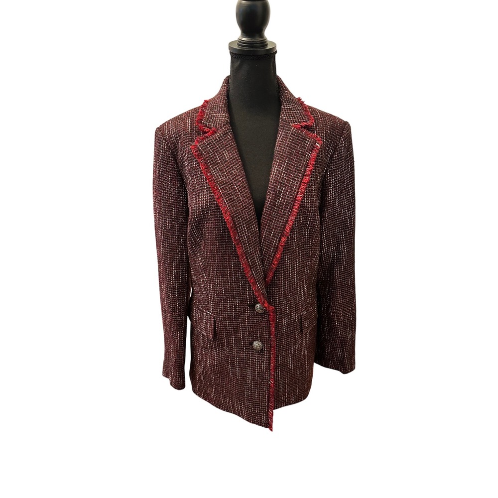 Karl Lagerfeld Paris Womens Burgundy Tweed Fringe Crystal Button Blazer Size 14